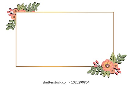 Design banner with golden frame. Promotion offer with leaves and flowers decoration. Vector