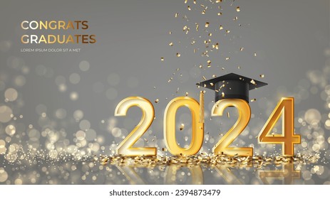 Design of banner for graduation 2024. Class of 2024. Golden numbers with graduation cap and confetti. Congratulations graduates 2024. Vector illustration for degree ceremony design with effect bokeh. 