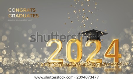 Design of banner for graduation 2024. Class of 2024. Golden numbers with graduation cap and confetti. Congratulations graduates 2024. Vector illustration for degree ceremony design with effect bokeh. 