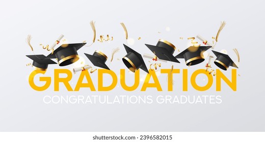 Design of banner for graduation. Vector illustration with thrown up 3d graduation caps, scrolls, golden confetti and serpentine. Congratulations graduates 2024. Greeting background for graduation.