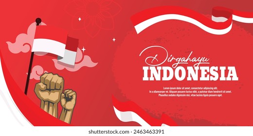 Design for banner, greeting card, backgorund of Indonesia independence day with indonesian lettering Dirgahayu Indonesia, red white flag