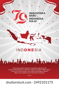 Design for banner, greeting card, of Indonesia independence day with indonesian lettering nusantara baru. 17 Agustus 1945-17 Agustus 2024 and hands up holding red white flag