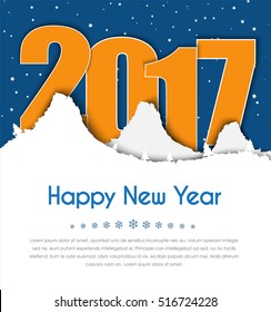 Design banner Happy New Year. Template winter snowy mountains, and the text between them in 2017 against the backdrop of night sky. Vector illustration