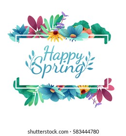 Design Banner With  Happy Spring Logo. Card For Spring Season With White Frame And Herb. Promotion Offer With Spring Plants, Leaves And Flowers Decoration.  Vector