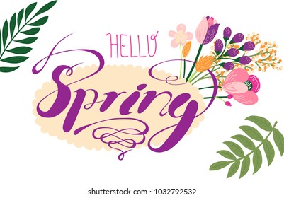 Design banner with hello spring lettering. Greeting card for spring season in hand drawn style. EPS10 vector