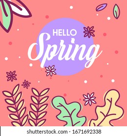 Design banner with hello spring logo. Card for spring season with white frame and herb. Promotion offer with spring plants, leaves and flowers decoration. spring sale. flat illustration.
