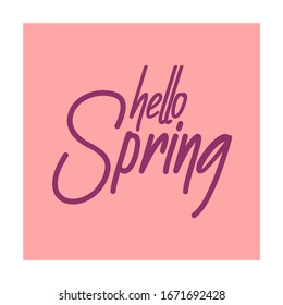 Design banner with hello spring logo. Card for spring season with white frame and herb. Promotion offer with spring plants, leaves and flowers decoration. spring sale. flat illustration.