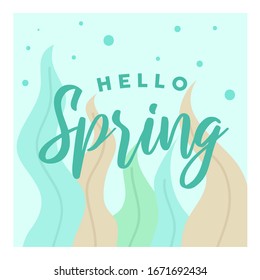 Design banner with hello spring logo. Card for spring season with white frame and herb. Promotion offer with spring plants, leaves and flowers decoration. spring sale. flat illustration.