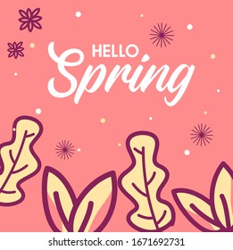 Design banner with hello spring logo. Card for spring season with white frame and herb. Promotion offer with spring plants, leaves and flowers decoration. spring sale. flat illustration.