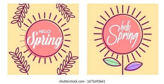 Design banner with hello spring logo. Card for spring season with white frame and herb. Promotion offer with spring plants, leaves and flowers decoration. spring sale. flat illustration.