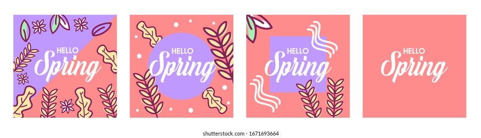 Banner de diseño con el logo del muelle de adiós. Tarjeta para la temporada de primavera con marco blanco y hierba. Oferta promocional con plantas primaverales, hojas y flores. venta primaveral. ilustración plana.