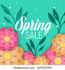 Design Banner With Hello Spring Logo. Card For Spring Sale Season With Frame And Herb. Promotion Offer With Spring Plants, Leaves And Flowers Decoration. 3d Peper Cut Colorful Design. 