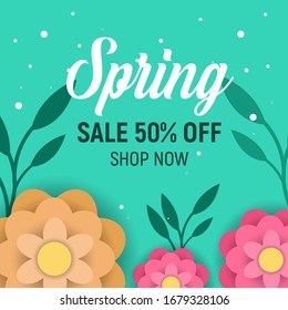 Design banner with hello spring logo. Card for spring sale season with frame and herb. Promotion offer with spring plants, leaves and flowers decoration. 3d peper cut colorful design. 