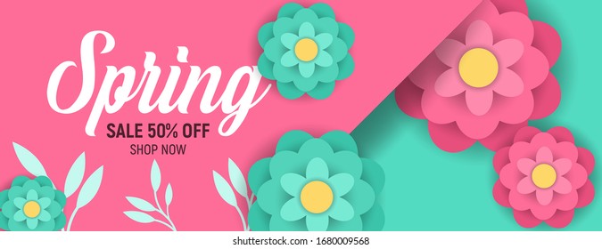 Banner de diseño con el logo del muelle de adiós. Tarjeta para la temporada de venta de primavera con marco y hierba. Oferta promocional con plantas primaverales, hojas y flores. Diseño en 3D de color. 