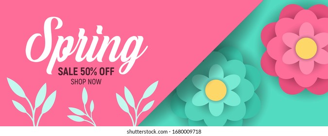 Design banner with hello spring logo. Card for spring sale season with frame and herb. Promotion offer with spring plants, leaves and flowers decoration. 3d paper cut colorful design. 