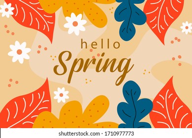 Design banner with hello spring logo. Card for spring sale season with frame and herb. Promotion offer with spring plants, leaves and flowers decoration. 3d peper cut colorful design. 