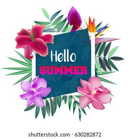 Design banner with Hello Summer logo. Card for summer season with tropical flowers and herb. 