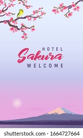 Design banner for hotels and restaurant. Realistic graphics of Japanese Nightingale and Sakura on a background of Fuji. Uguisu on a branch of blossoming cherries. Fudjiyama in the sun.