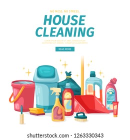 Design banner House cleaning with  cleaning products. Cartoon illustration household chemicals. 
