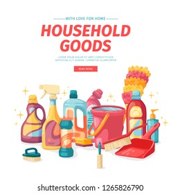 Design banner House cleaning with  cleaning products. Cartoon illustration household chemicals. Temlate for flyer clean up service.  Vector