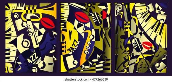 Design banner jazz music in retro geometric abstraction style. Triptych painting. Vector illustration