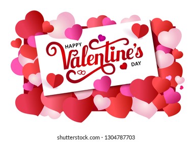 Design banner with lettering Happy Valentine's Day. White paper on red background with small multicolored hearts. Vector illustration.