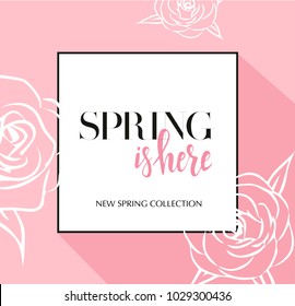 Design banner with lettering spring is here logo.  New spring collection. Pink Card for spring season with black frame and rose. Promotion offer with spring roses flower decoration. Vector eps10