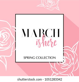 Design banner with lettering spring is here logo. Pink Card for spring season with black frame and wthite roses. Promotion offer with spring roses flower decoration. Vector eps10