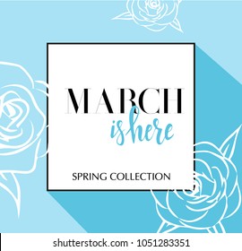 Design banner with lettering spring is here logo. Pink Card for spring season with black frame and wthite roses. Promotion offer with spring roses flower decoration. Vector eps10