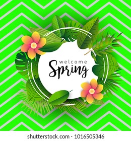 Design banner with lettering design welcome spring. Card for spring season with white green tropical, leaves and flowers decoration. Vector