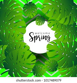 Design banner with lettering design welcome spring. Card for spring season with white green tropical, leaves and flowers decoration. Vector