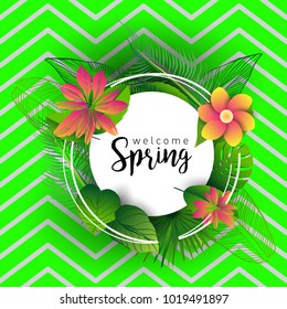 Design banner with lettering design welcome spring. Card for spring season with white green tropical, leaves and flowers decoration. Vector