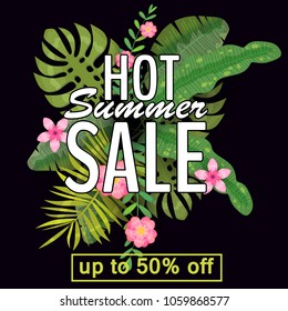 Design of a banner with a logo of hot summer sale. Offer for promotion with summer tropical plants, leaves and flower decoration, black background. Vector, illustration, isolated