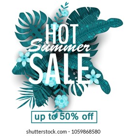 Design of a banner with a logo of hot summer sale. Offer for promotion with summer tropical plants, leaves and flower decoration. Vector, illustration, isolated