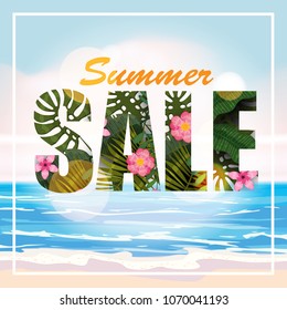 Design of a banner with a logo of hot summer sale. Offer for promotion with summer tropical plants, leaves and flower decoration. Vector, illustration, isolated
