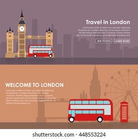 Design banner with London sights in a flat style. Illustration with city in background and a telephone booth and red bus Big Ben and Tower Bridge.