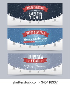 Design banner Merry Christmas and Happy New Year to the winter landscape. Vector illustration. Set