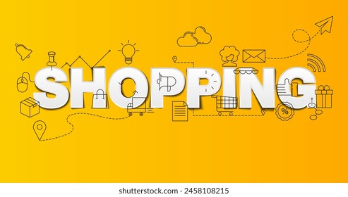 Design banner of online shopping, e-commerce, m-commerce. Vector illustration concept of word shopping for website and mobile banners.