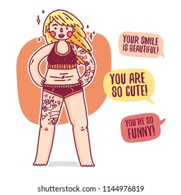 Design banner with plus size blonde girl. Poster with cartoon character of a woman. Fat girl with tattoo in swimsuit for body positive illustration. Female model overweight. Vector.