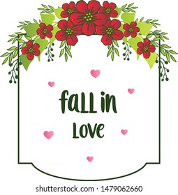 Design banner or poster for card fall in love, with various shape red floral frame. Vector