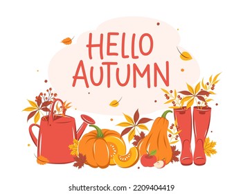 Design banner with with pumpkin, wellies boots, watering can and autumn leaves. Hello autumn. Vector illustration.
