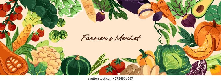 Design of banner with round border from different organic vegetables and natural agricultural crops. Circle frame from harvest of various veggies and healthy farm food. Flat vector illustration
