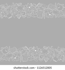 Design of a banner for school sale with cute doodles. Vector.
