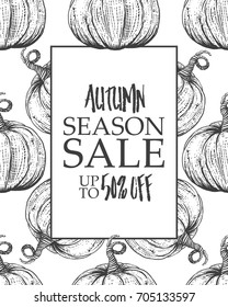 Design banner for season sale. Autumn sale poster with the decor of paper cut pumpkins. The fall sale with sketches. Engraving retro vector illustration.