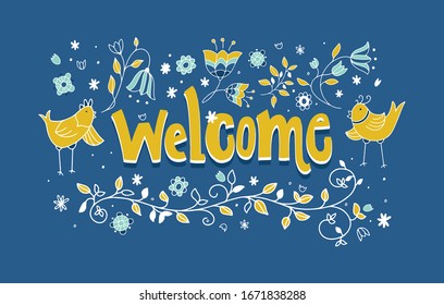 Design banner with spring. composition of birds and flowers in vintage style. Illustration can be used as print on fabric bag, banner, wallpaper 