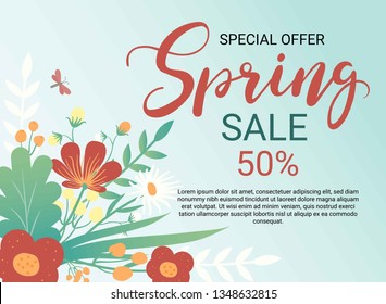 Design banner with spring flowers. Vector card for greeting card, sale,offer,promotion