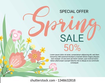 Design banner with spring flowers. Vector card for greeting card, sale,offer,promotion