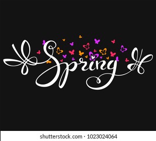 Design banner with spring is here logo. Card for spring season with spring butterfly decoration. Vector illustration template.banners.Wallpaper.flyers, invitation, posters, brochure, voucher discount.