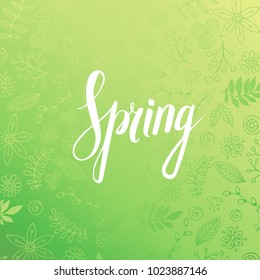 Design banner with spring is here logo. Vector greeting card.