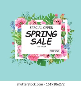 Design banner with spring here logo. Greeting card for the spring season with a white frame and grass. Promotion offer with spring plants, leaves and flowers decoration. It's time for discounts. Sale 